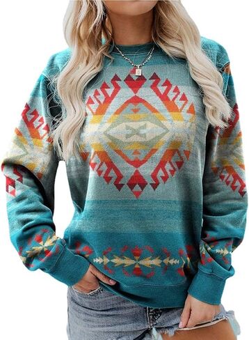 Women Western Shirts Aztec Print Tops Fall Long Sleeve Crewneck Casual Sweatshirt Vintage Graphics Blouse in Saudi Arabia