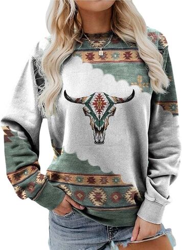 Women Western Shirts Aztec Print Tops Fall Long Sleeve Crewneck Casual Sweatshirt Vintage Graphics Blouse in Saudi Arabia