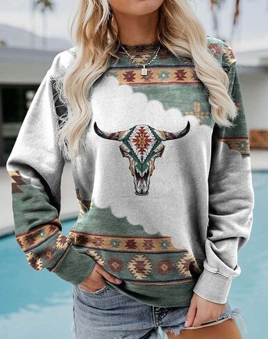 Women Western Shirts Aztec Print Tops Fall Long Sleeve Crewneck Casual Sweatshirt Vintage Graphics Blouse in Saudi Arabia