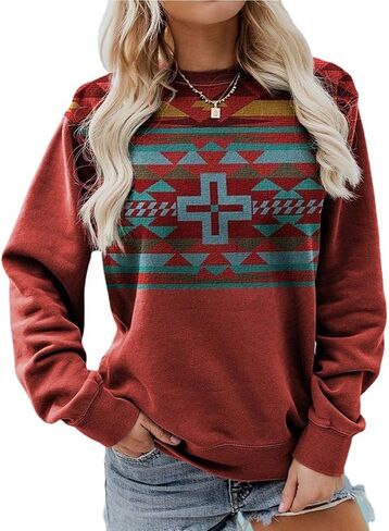 Women Western Shirts Aztec Print Tops Fall Long Sleeve Crewneck Casual Sweatshirt Vintage Graphics Blouse in Saudi Arabia