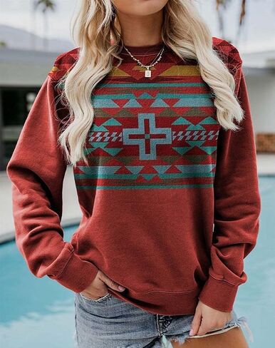 Women Western Shirts Aztec Print Tops Fall Long Sleeve Crewneck Casual Sweatshirt Vintage Graphics Blouse in Saudi Arabia