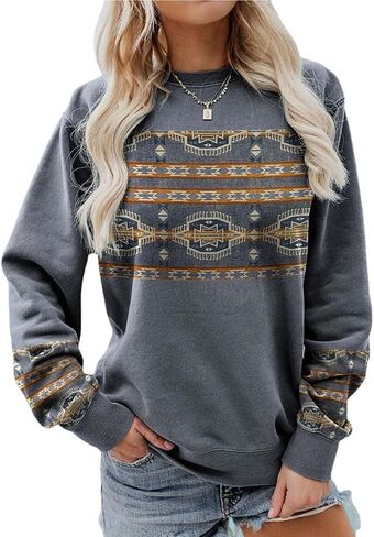 Women Western Shirts Aztec Print Tops Fall Long Sleeve Crewneck Casual Sweatshirt Vintage Graphics Blouse in Saudi Arabia