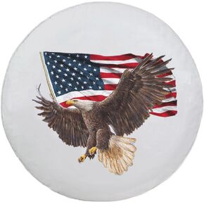 Spare Tire Cover, White Wheel Cover with American Eagle USA Flag PVC Leather Waterproof Dust-Proof Universal Fit for Jeep Trailer RV SUV Camper Vehicle (14 Inch)