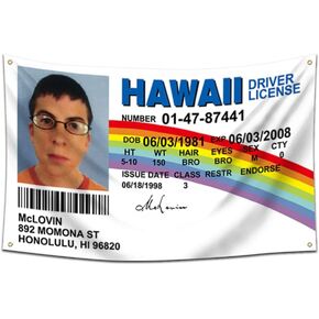 McLovin ID Flag Fake Driver License Flag,3x5 Feet Banner,Funny Poster UV Resistance Fading & Durable Man Cave Wall Flag with 4 Brass Grommets for College Dorm Room Decor