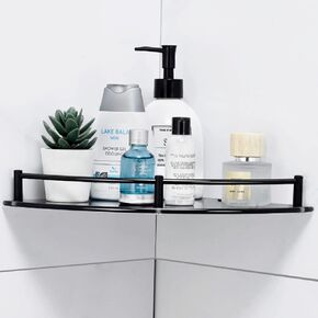 2 Tier Glass Corner Shower Shelf for Inside Shower, Stainless Steel Bathroom Shelf wtih Tempered Glass, Wall Mount Drill Hole Bathroom Shower Organizer for Bath and Shower Storage, Black