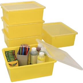 Storex Letter Size Deep Storage Tray – Organizer Bin with Non-Snap Lid for Classroom, Office and Home, Yellow, 5-Pack (62546U05C)