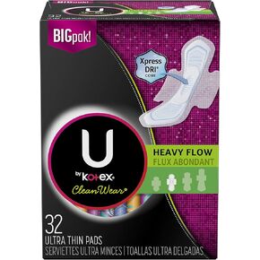 فوط U من Kotex CleanWear النسائية الرفيعة للغاية مع أجنحة، تدفق كثيف، غير معطرة، 32 قطعة (عبوة من 3 قطع) in Kuwait