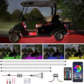 4 Pcs Golf Cart Underglow Lights, RGB Led Strip Lights for EZGO Yamaha Club Car, RF/APP Control, Sound Active, Music Sync with Voltage Reducer, Water Resistant Flexible Tubes