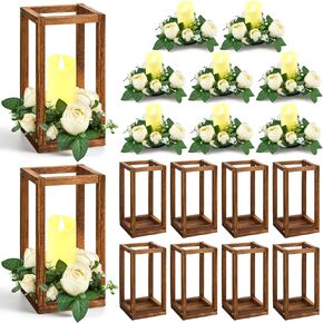 Sabary 30 Pcs Eucalyptus Wedding Lanterns Centerpiece Include Wooden Candle Holders Candles Rose Wreaths for Farmhouse Rustic Decorative Table Decorations Country Party Gift(Beige Flower)