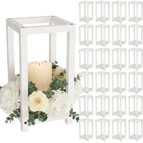 B'More Brands Large 10" 24 Rustic Wooden Lantern Set | Rustic Wedding Centerpieces for Table | Rustic White Wooden Candle Holders Ideal for Wedding Decor, Holidays, Birthdays and Home Table Decoration