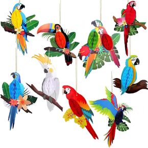 9 pcs Tropical Birds Honeycomb Cutouts, BOSOIRSOU Hanging Parrot Paper Cutouts Hawaiian Summer Beach Luau Party Decorations Safari Classroom Decoration Rainforest Jungle Decoration