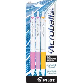 أقلام حبر PILOT Acroball PureWhite المتقدمة القابلة لإعادة الملء والسحب مع لمسات تركواز/برتقالي/أرجواني/ليموني، نقطة دقيقة، حبر أسود، 4 عبوات (31896)