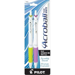 PILOT Acroball PureWhite Advanced Ink Refillable & Retractable Ball Point Pens with Turquoise/Orange/Purple/Lime Accents, Fine Point, Black Ink, 4-Pack (31896)