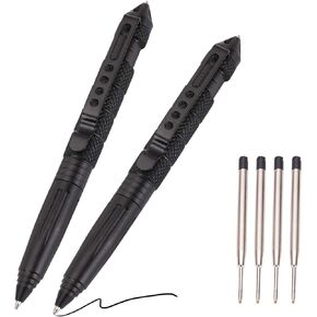 2 Pack Military Tactical Pen Set with 6 Black Ballpoint Refills for Writing, Made of Tungsten Steel & Aluminum (Black, Pack of 2)