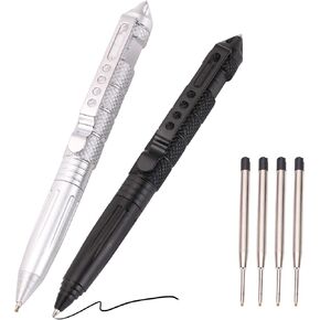 2 Pack Military Tactical Pen Set with 6 Black Ballpoint Refills for Writing, Made of Tungsten Steel & Aluminum (Black, Pack of 2)