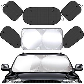 6 Pieces Uv Protection Car Window Shades Set, Includes Sun Visor Windshield Shade, 4 Front Rear Side Window Shade Cling Sunshade, with Suction Cups for Baby (63 x 34 Inch)
