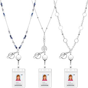 Zonon 3 Sets Retractable Badge Reel Lanyard with ID Holder Beaded Lanyards Stainless Steel ID Badge Necklace for Woman Office(Elegant Style)