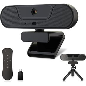 4K Webcam, UHD PTZ PC Camera with Speaker and 4 Microphones, Supporting Remote Control, Digital Zoom, Autofocus, Privacy Cover and Tripod, for Video Calls and Conferences and Live Streaming