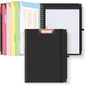 HAUTOCO Clipboard Folio with Refillable Lined Notepad for Letter Size (11" x 8.5"), 5 Dividers with 10 Pockets, Elastic Pen Holder and File Folder Labels, Spiral Nurse Clipboard Artboard(Black)