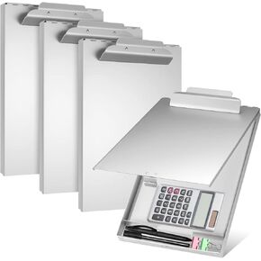4 Pack Metal Clipboard with Storage Self Locking Portfolio Aluminum Binder Metal Clip Board Folder Letter Size Form Holder for Office Business Professionals Stationer, Silver
