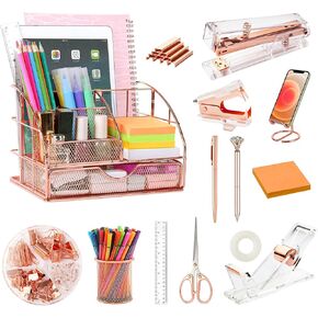 Desk Organizers and Accessories Office Supplies 14PS Set with Acrylic Stapler, Tape Holder, Staple Remover, Scissor, Pen Holder, Phone Holder, Clips Set, Stickers, 2 Pens, Ruler, Tape, and Staples