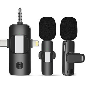 Wireless Lavalier Microphone 2 PC, Lapel Microphone for iPhone Android Camera Plug-Play，Professional Noise Reduction Recording Clip Mic for Creator Interview YouTube Interview TikTok Vlog