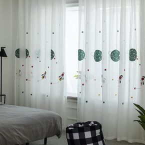 White Rocket Stars Sheer Curtains for Kids Room Planet Spaceship Embroidery Nursery Window Curtains Grommet Top Faux Linen Textured Thin and Soft Voile Curtains 1 Panel 52Wx84L inch