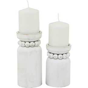 Deco 79 Wood Beaded Pillar Candle Holder, Set of 2 8", 6"H, White