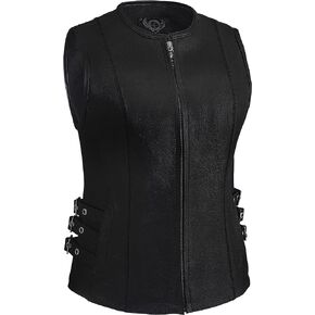 Women's Zipper Front Quality Motorcycle Leather Vest for Female Biker's (Black, Sizes XS-3XL)