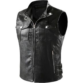 NAVEKULL Men's Leather Motorcycle Vest Black Vintage Riding Biker Faux Leather Vests with 5 Pockets