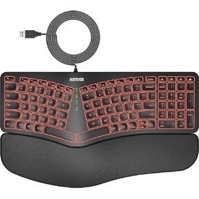 Arteck Ergonomic USB Wired Keyboard with Cushioned Wrist & Palm Rest, Backlit 7 Colors & Adjustable Brightness Comfortable Natural Split Keyboard with 6 Feet Wire for Windows Computer Desktop Laptop