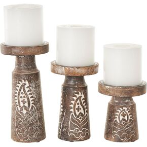 Deco 79 Wood Beaded Pillar Candle Holder, Set of 2 8", 6"H, White