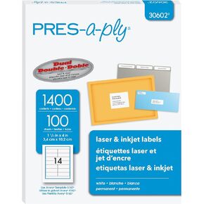 PRES-a-ply Laser Address Labels, 1.33 x 4 Inches, White, Box of 1400 (30602)
