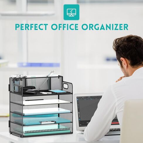 DALTACK Magazine File Holder, 5 Vertical Compartments Rack Binder Holder with Paper Tray, Metal Magazine Organizer for Office, Home, School (Black) in Kuwait