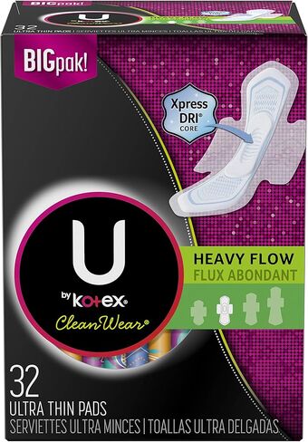 فوط U من Kotex CleanWear النسائية الرفيعة للغاية مع أجنحة، تدفق كثيف، غير معطرة، 32 قطعة (عبوة من 3 قطع) in Kuwait