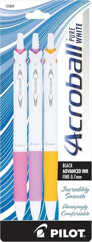 أقلام حبر PILOT Acroball PureWhite المتقدمة القابلة لإعادة الملء والسحب مع لمسات تركواز/برتقالي/أرجواني/ليموني، نقطة دقيقة، حبر أسود، 4 عبوات (31896) in Saudi Arabia