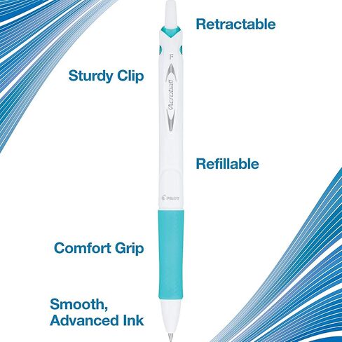 أقلام حبر PILOT Acroball PureWhite المتقدمة القابلة لإعادة الملء والسحب مع لمسات تركواز/برتقالي/أرجواني/ليموني، نقطة دقيقة، حبر أسود، 4 عبوات (31896) in Saudi Arabia