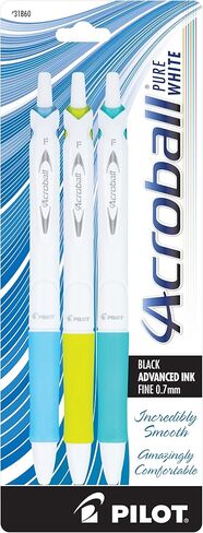 أقلام حبر PILOT Acroball PureWhite المتقدمة القابلة لإعادة الملء والسحب مع لمسات تركواز/برتقالي/أرجواني/ليموني، نقطة دقيقة، حبر أسود، 4 عبوات (31896) in Saudi Arabia