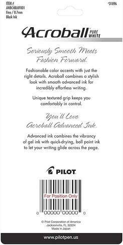 أقلام حبر PILOT Acroball PureWhite المتقدمة القابلة لإعادة الملء والسحب مع لمسات تركواز/برتقالي/أرجواني/ليموني، نقطة دقيقة، حبر أسود، 4 عبوات (31896) in Saudi Arabia