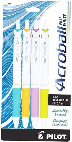 أقلام حبر PILOT Acroball PureWhite المتقدمة القابلة لإعادة الملء والسحب مع لمسات تركواز/برتقالي/أرجواني/ليموني، نقطة دقيقة، حبر أسود، 4 عبوات (31896) in Saudi Arabia