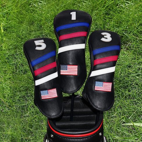 #1 3 5 غطاء رأس الجولف للسائق فيرواي وودز أغطية رأس هجينة حامية لنادي الجولف العلم الأمريكي مجموعة من الجلد الصناعي مكونة من 3 قطع تناسب جميع الأخشاب والسائقين in Kuwait