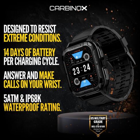CARBINOX Vesta Smart Watch (Answer/Make Calls), Rugged Fitness Tracker IP69K Waterproof Compatible with Android and iOS Phone, 10 Days of Battery Military Durable in Kuwait
