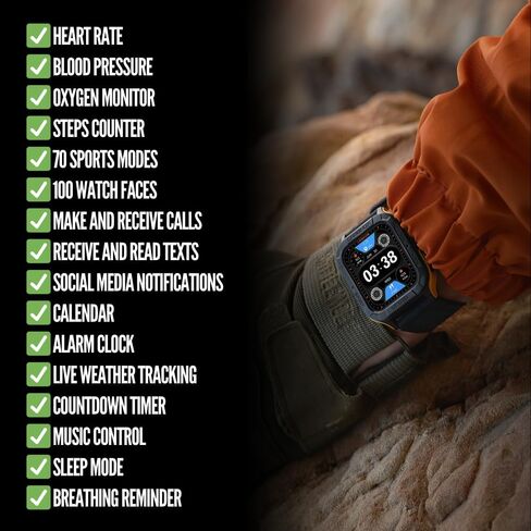 CARBINOX Vesta Smart Watch (Answer/Make Calls), Rugged Fitness Tracker IP69K Waterproof Compatible with Android and iOS Phone, 10 Days of Battery Military Durable in Kuwait