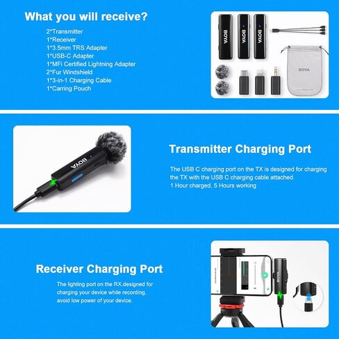 BOYA BOYALINK A2 Wireless Lavalier Microphone for iPhone/Android/Camera Vlogging, All-in-One Lapel Dual Mic System & Lightning & USB-C Inputs for Smartphones/DSLR YouTube Facebook Live in Saudi Arabia