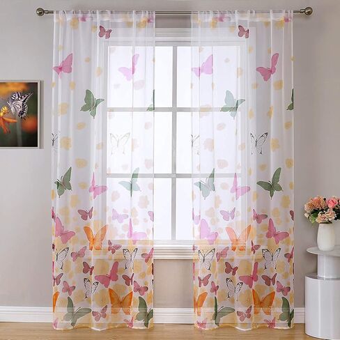 WUBODTI Butterfly Sheer Curtains for Girls Room 2 Panels 79 inch Long, Cute Colorful Butterflies Printed Voil Semi Sheer Curtain Rod Pocket Pretty Gauze Drapes for Bedroom Living Room Nursery in Saudi Arabia