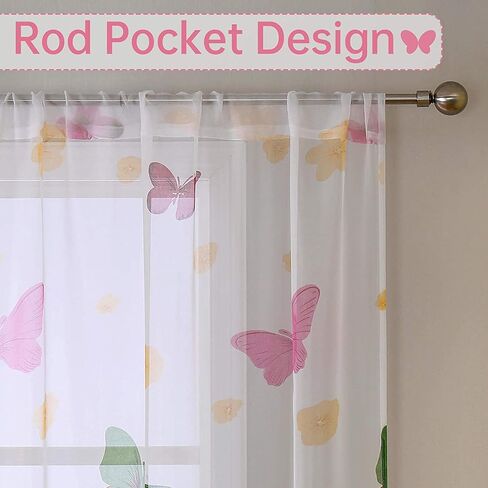 WUBODTI Butterfly Sheer Curtains for Girls Room 2 Panels 79 inch Long, Cute Colorful Butterflies Printed Voil Semi Sheer Curtain Rod Pocket Pretty Gauze Drapes for Bedroom Living Room Nursery in Saudi Arabia