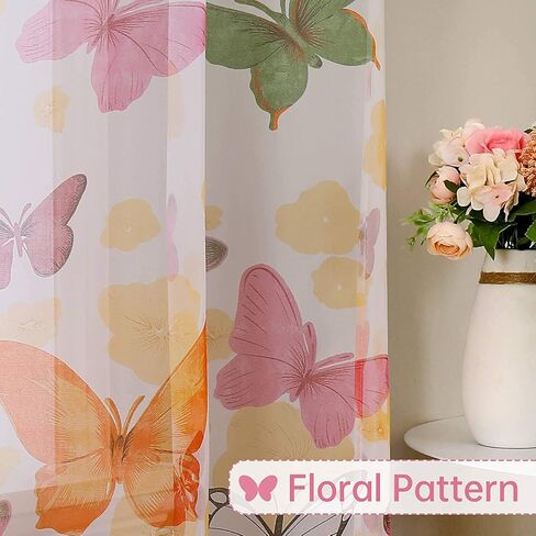 WUBODTI Butterfly Sheer Curtains for Girls Room 2 Panels 79 inch Long, Cute Colorful Butterflies Printed Voil Semi Sheer Curtain Rod Pocket Pretty Gauze Drapes for Bedroom Living Room Nursery in Saudi Arabia
