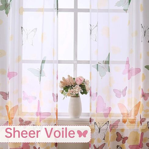 WUBODTI Butterfly Sheer Curtains for Girls Room 2 Panels 79 inch Long, Cute Colorful Butterflies Printed Voil Semi Sheer Curtain Rod Pocket Pretty Gauze Drapes for Bedroom Living Room Nursery in Saudi Arabia