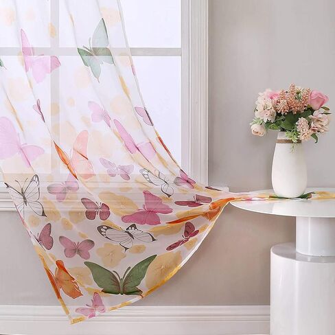 WUBODTI Butterfly Sheer Curtains for Girls Room 2 Panels 79 inch Long, Cute Colorful Butterflies Printed Voil Semi Sheer Curtain Rod Pocket Pretty Gauze Drapes for Bedroom Living Room Nursery in Saudi Arabia