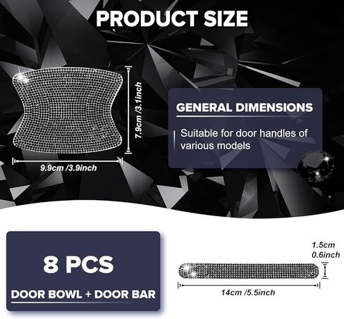 8 قطع من ملصقات حماية مقبض الباب اللامعة من الكريستال اللامع، ملصقات مقبض باب السيارة من حجر الراين، ملحقات السيارة اللامعة للنساء (أسود) in Kuwait